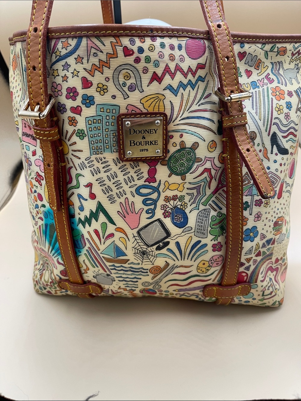 Dooney & Bourke Cream Multicolor Doodle-Print Tote with Brown Trim
